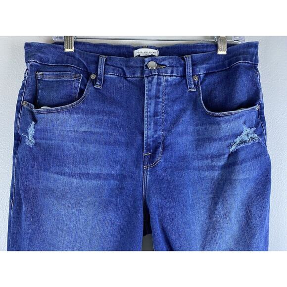 EUC Good American Sz 15/31 Blue Denim Raw Hem Dis Zebra Pkts Good Legs Jeans - Picture 2 of 14